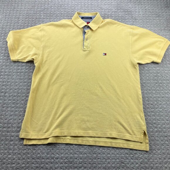 Vintage 90s Tommy Hilfiger Polo Shirt Men Large L Yellow Preppy Box Logo 1990s - Picture 1 of 10